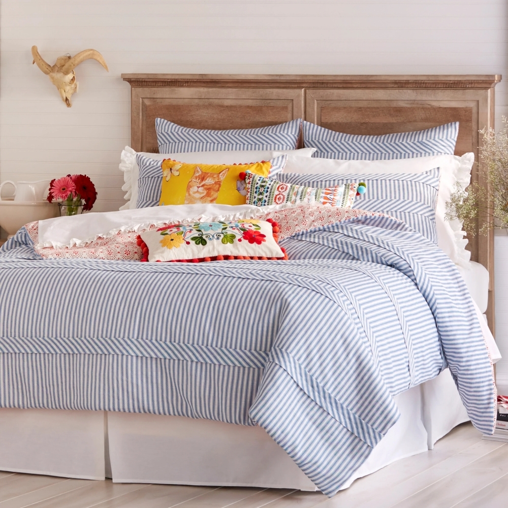 NWT Pioneer Woman Full/Queen Blue White Ticking Stripe Duvet Cover